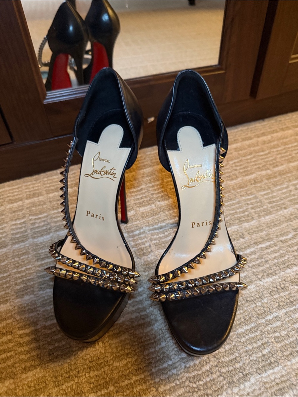 Christian Louboutin Black Studded Open-Toe Pumps with Red Soles